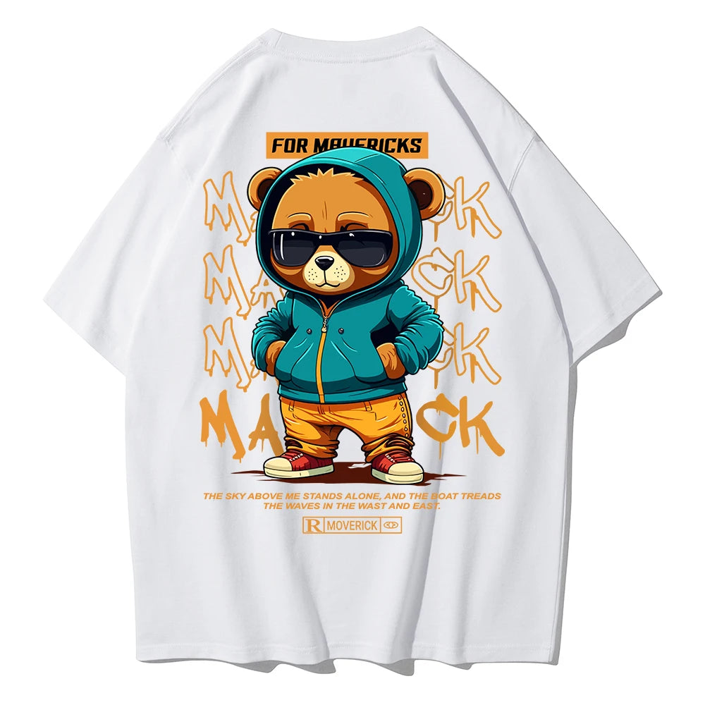 Cotton Fashion Bear Pattern Printed Men'S T Shirt round Neck Loose Tops Breathable Comfortable Casual Oversized Women Clothing