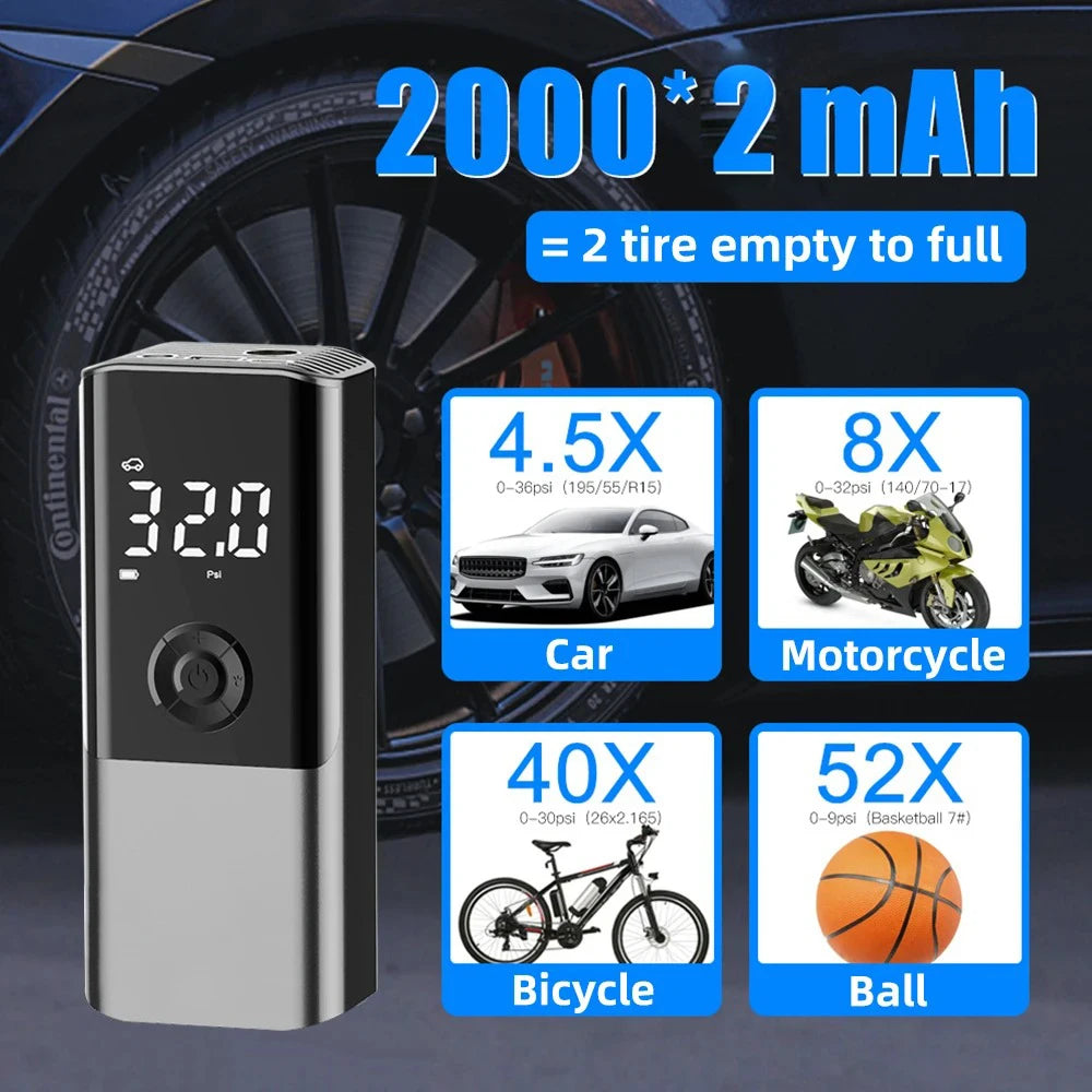 Wireless Car Tire Air Pump 4000Mah Rechargeable Car Air Compressor 150PSI Car Tire Pump LED Air Pump for Car Motorcycle Bike