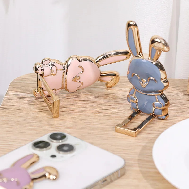 Universal Finger Ring Phone Holder Desktop Ultra-Thin Cartoon Rabbit Phone Stand Foldable Buckle Adhesive Pull Rod Support Frame