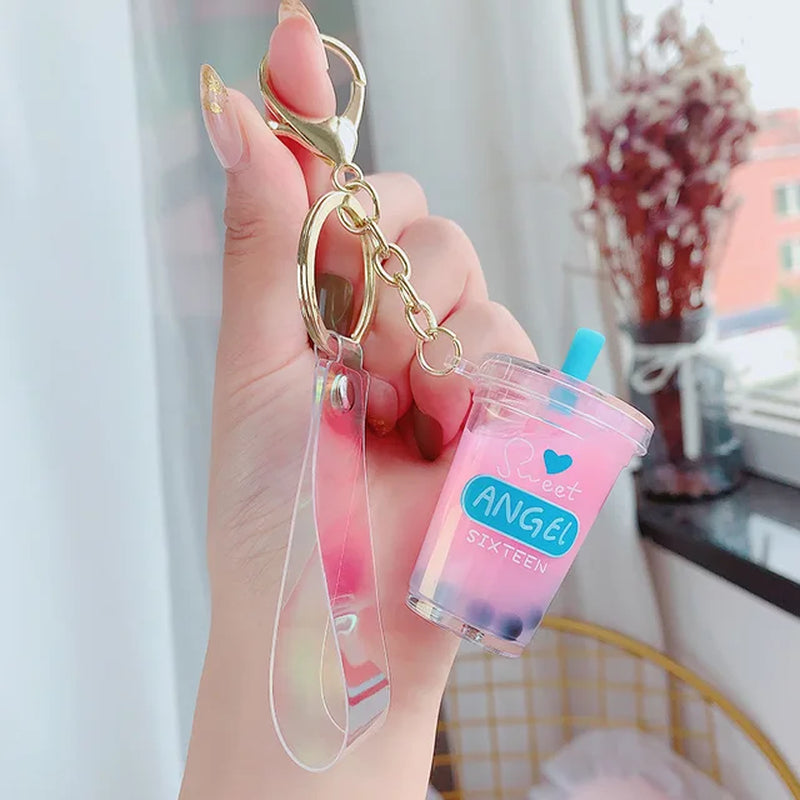 Creative Floating Unicorn Milk Tea Cup Bottle Keychain Cute Fruit Daisy Cat Bubble Tea Quicksand Sequins Liquid Car Keys Chain