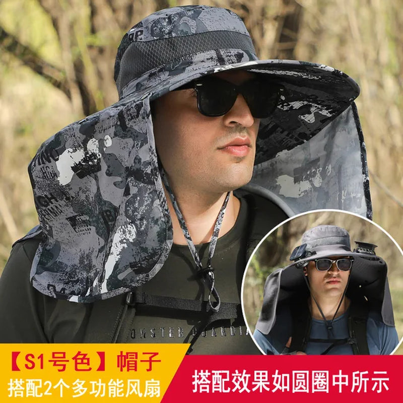 Sombrero Hat Summer Men Outdoor Fan Cap Multi-Purpose Rechargeable Big Wind Power Hat Big Brim Mountaineering Fisherman Hat Big