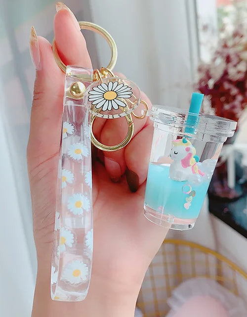 Load image into Gallery viewer, Creative Floating Unicorn Milk Tea Cup Bottle Keychain Cute Fruit Daisy Cat Bubble Tea Quicksand Sequins Liquid Car Keys Chain
