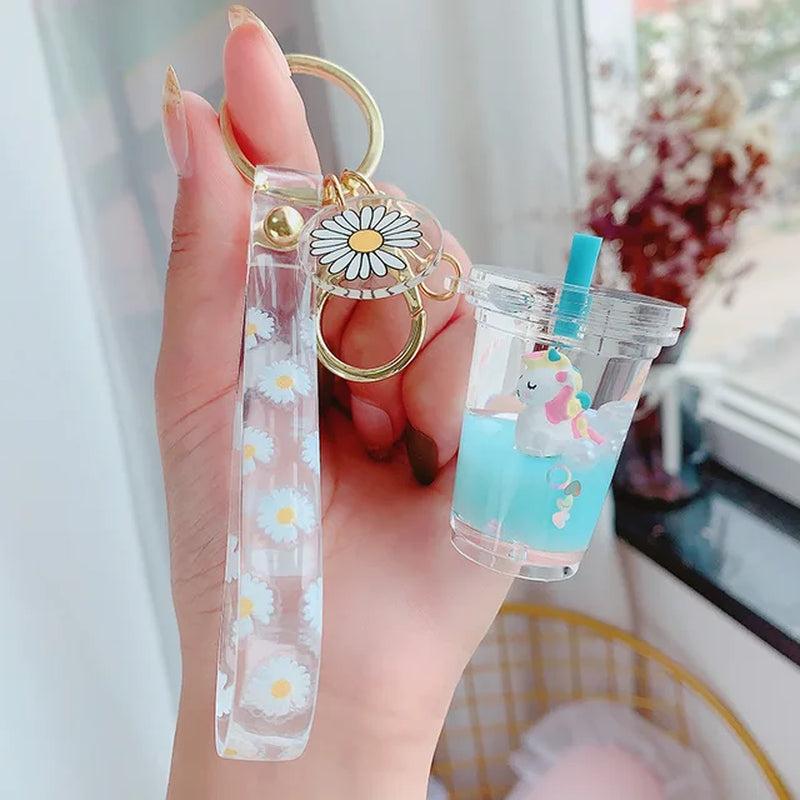 Creative Floating Unicorn Milk Tea Cup Bottle Keychain Cute Fruit Daisy Cat Bubble Tea Quicksand Sequins Liquid Car Keys Chain