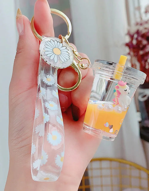 Load image into Gallery viewer, Creative Floating Unicorn Milk Tea Cup Bottle Keychain Cute Fruit Daisy Cat Bubble Tea Quicksand Sequins Liquid Car Keys Chain
