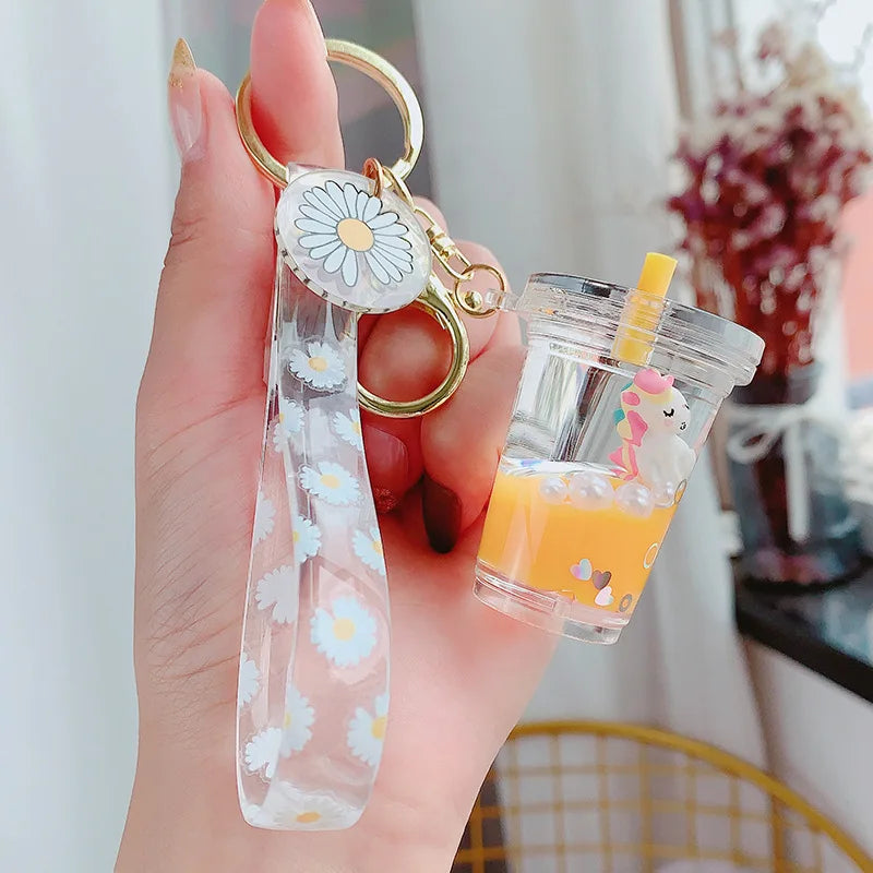 Creative Floating Unicorn Milk Tea Cup Bottle Keychain Cute Fruit Daisy Cat Bubble Tea Quicksand Sequins Liquid Car Keys Chain