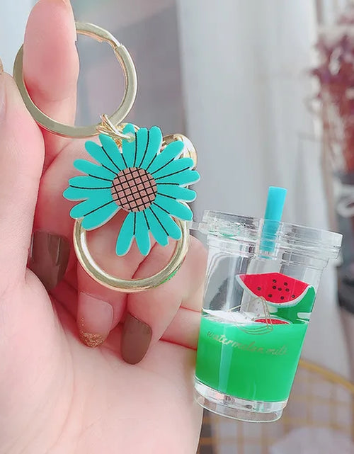 Load image into Gallery viewer, Creative Floating Unicorn Milk Tea Cup Bottle Keychain Cute Fruit Daisy Cat Bubble Tea Quicksand Sequins Liquid Car Keys Chain
