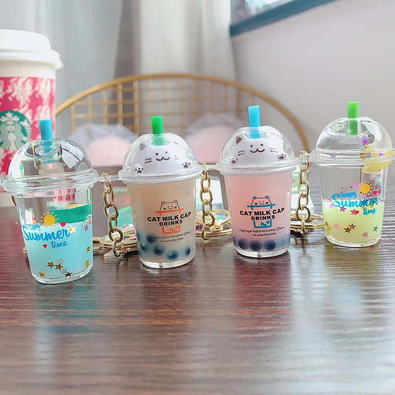 Creative Floating Unicorn Milk Tea Cup Bottle Keychain Cute Fruit Daisy Cat Bubble Tea Quicksand Sequins Liquid Car Keys Chain