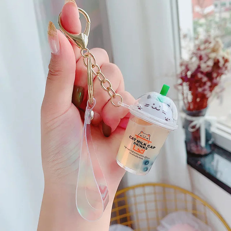 Creative Floating Unicorn Milk Tea Cup Bottle Keychain Cute Fruit Daisy Cat Bubble Tea Quicksand Sequins Liquid Car Keys Chain