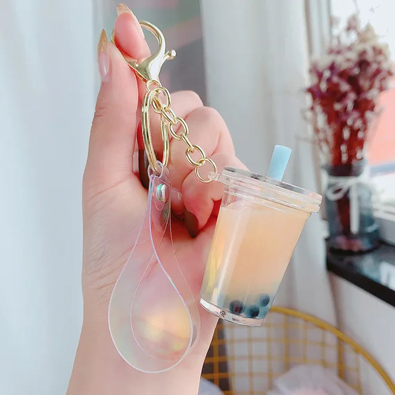 Creative Floating Unicorn Milk Tea Cup Bottle Keychain Cute Fruit Daisy Cat Bubble Tea Quicksand Sequins Liquid Car Keys Chain