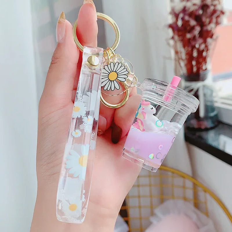 Creative Floating Unicorn Milk Tea Cup Bottle Keychain Cute Fruit Daisy Cat Bubble Tea Quicksand Sequins Liquid Car Keys Chain