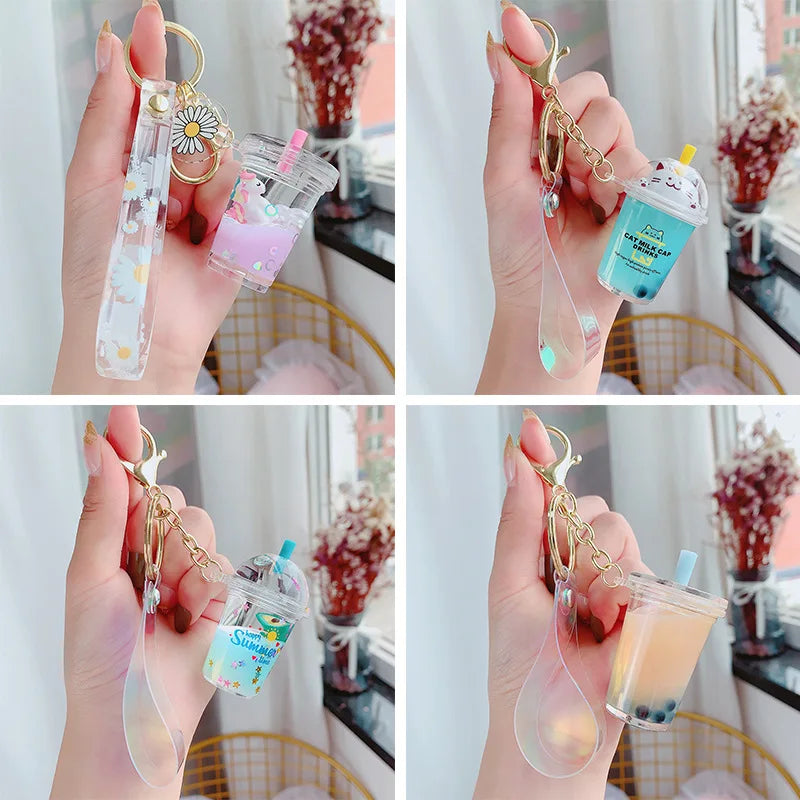 Creative Floating Unicorn Milk Tea Cup Bottle Keychain Cute Fruit Daisy Cat Bubble Tea Quicksand Sequins Liquid Car Keys Chain