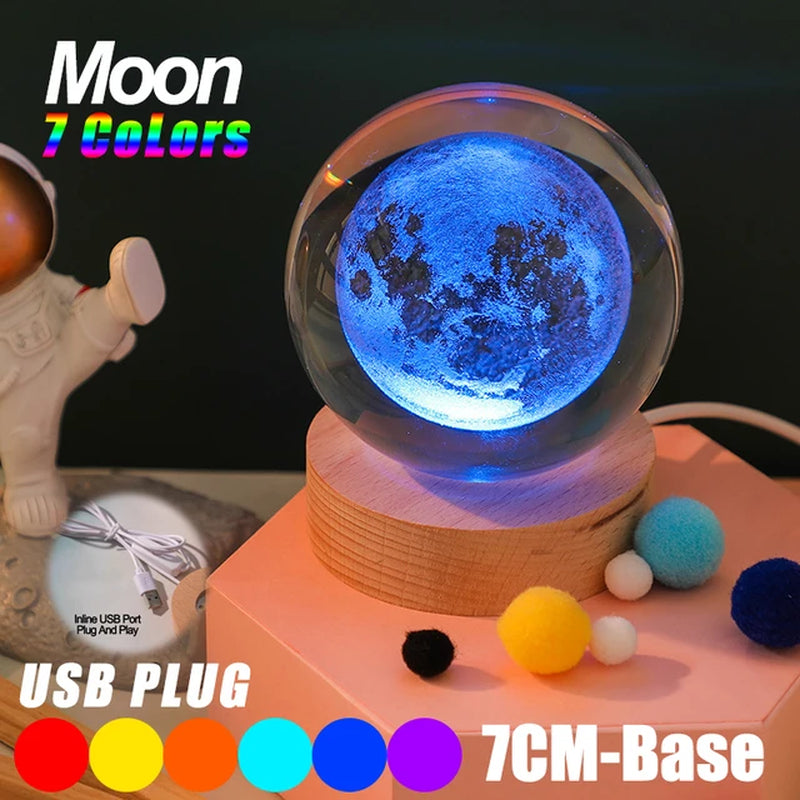 USB LED Night Light, Galaxy Crystal Ball Lamp, 3D Planet Moon Lamp, Home Decoration