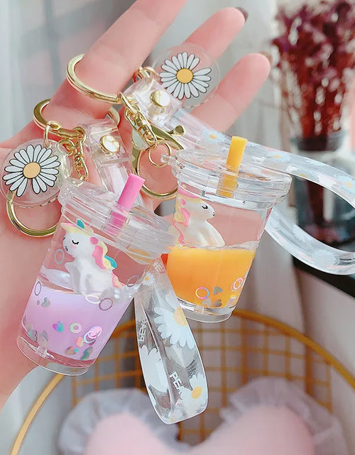 Load image into Gallery viewer, Creative Floating Unicorn Milk Tea Cup Bottle Keychain Cute Fruit Daisy Cat Bubble Tea Quicksand Sequins Liquid Car Keys Chain
