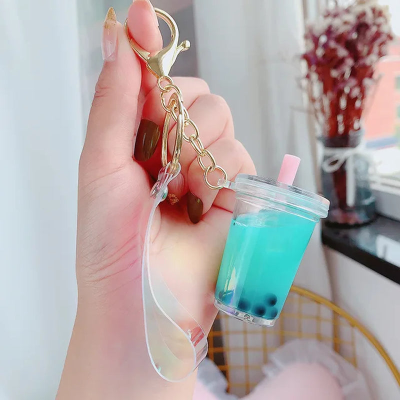 Creative Floating Unicorn Milk Tea Cup Bottle Keychain Cute Fruit Daisy Cat Bubble Tea Quicksand Sequins Liquid Car Keys Chain